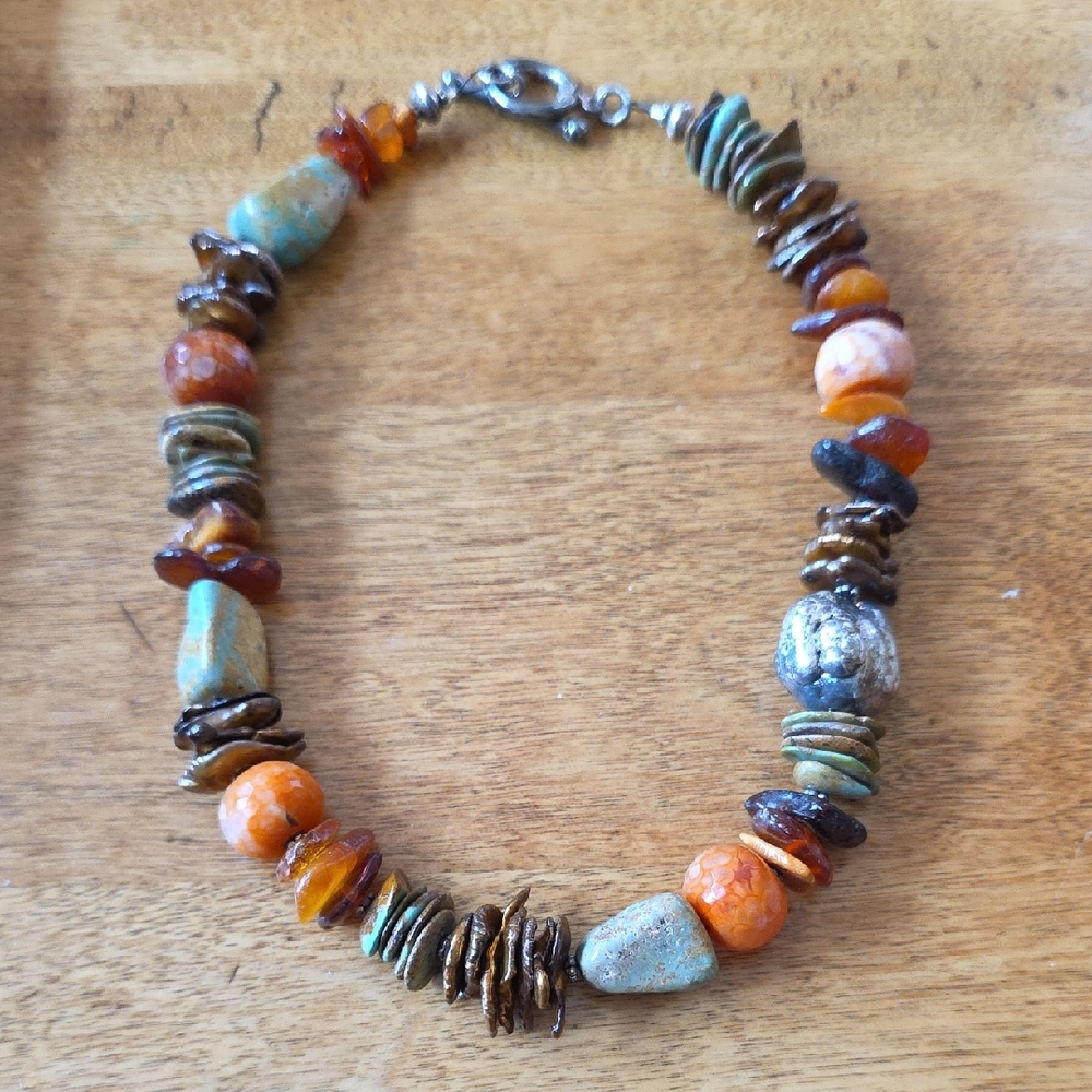 Handcrafted Amber & Turquoise Beaded Women’s Necklace